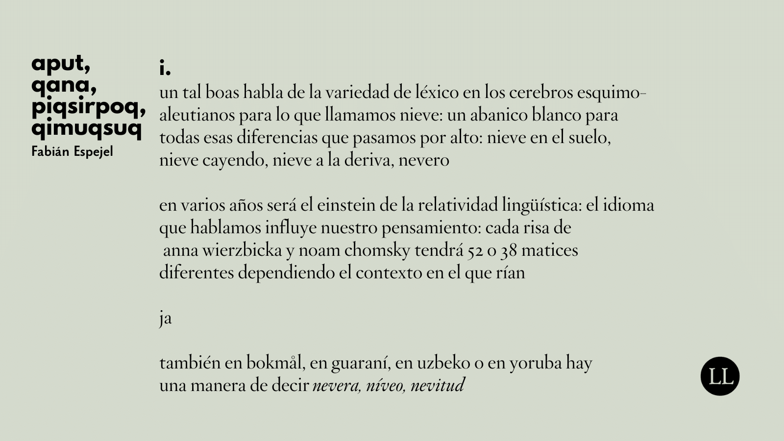 aput, qana, piqsirpoq, qimuqsuq (fragmento) | Letras Libres